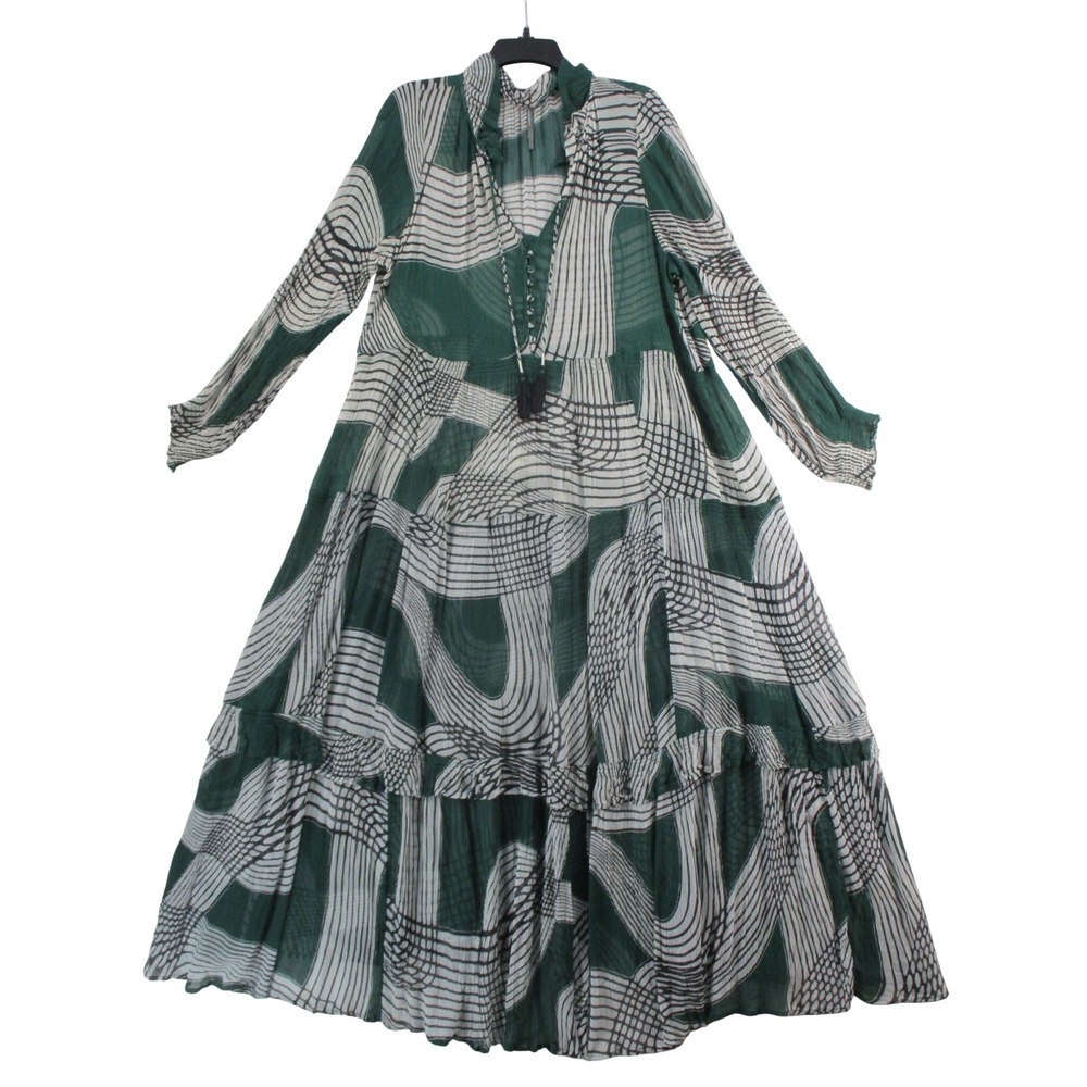 Anthropologie Green White Abstract Geometric Tiered Maxi Dress XL Long Sleeve